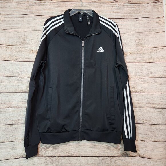 Men’s Large Adidas Track Jacket Black White Zipper Pockets Logo RN 88387 - Picture 1 of 16